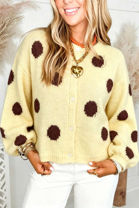 Cardigan giallo a pois con spalle scese e bottoni
