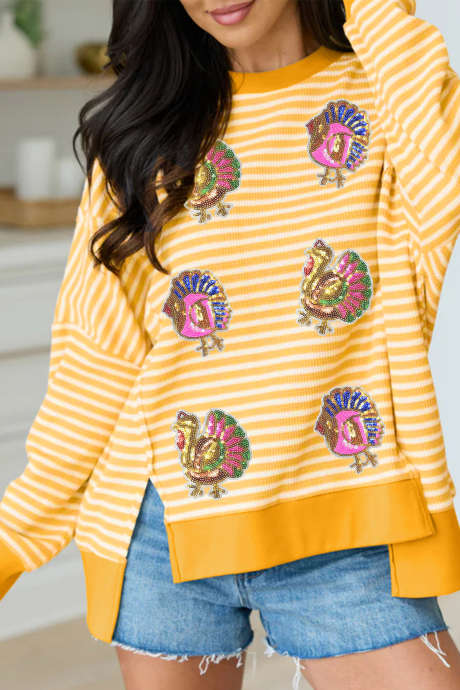 Khaki Stripe Sequin Turkey Graphic Split Hem Long Sleeve Relaxed Top LC25139617-P1619