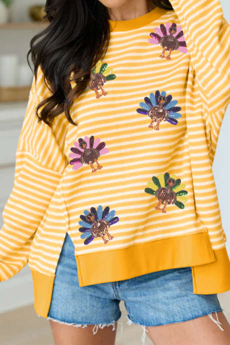 Khaki gestreepte top met pailletten en Turkse print, split aan de zoom, casual top met lange mouwen