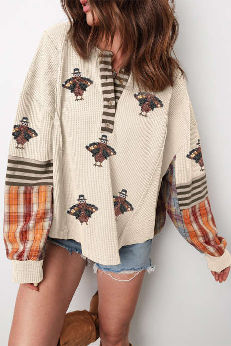 Top Henley de manga larga con estampado gráfico de pavo, rayas y cuadros, color beige, con lentejuelas y textura gofrada (LC25139613-P15).