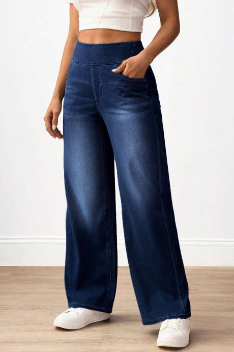 Navy Blue Tummy Control High Rise Waist Wide Leg Jeans