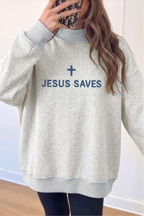 Mapusyaw na Abo na JESUS ​​SAVES na May Burda at Nakalantad na Tahi na Mock Neck na Baggy na Sweatshirt LC25322889-P1011