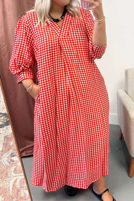 Red Plaid V Neck Bracelet Sleeve Casual Plus Size Dress