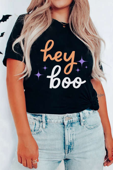 Camiseta informal de cuello redondo con eslogan "Hey Boo" para Halloween, color negro, LC25232639-2
