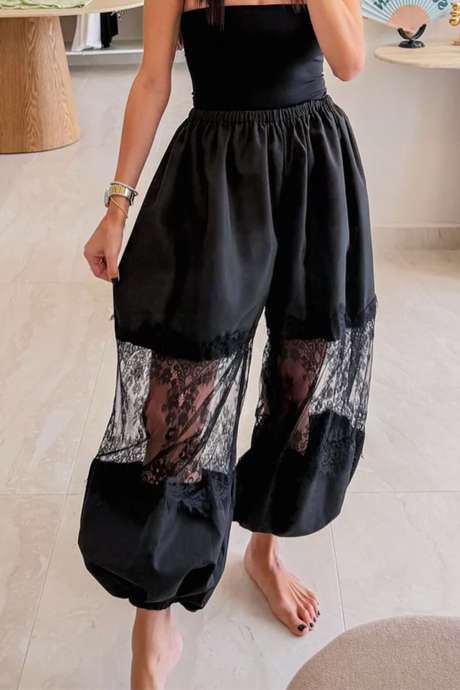 Black Casual Floral Lace Panel Balloon Pants