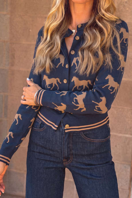 Blue Western Horse Jacquard Buttoned Sweater Cardigan
