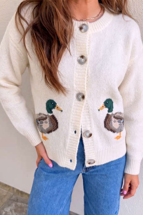 White Mallard Pattern Button Front Knit Cardigan