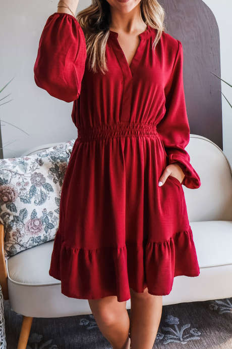 Racing Red Notch Neck Smocked Waist Ruffled Mini Dress