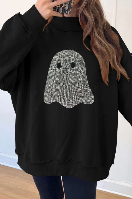 Itim na Rhinestone na Multo na Nakalantad na Tinahian na Mock Neck na Halloween Pullover Sweatshirt LC25322886-P2