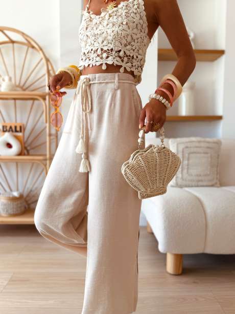 Beige Casual High Waist Full Length Wide Leg Pants