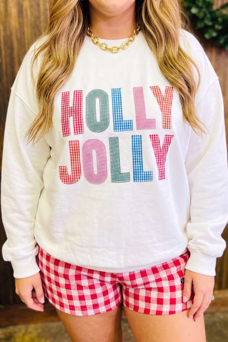 Sudadera navideña blanca de talla grande con estampado de letras a cuadros HOLLY JOLLY