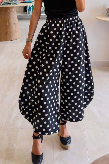 Black Polka Dot Elastic Waist Wide Leg Pants