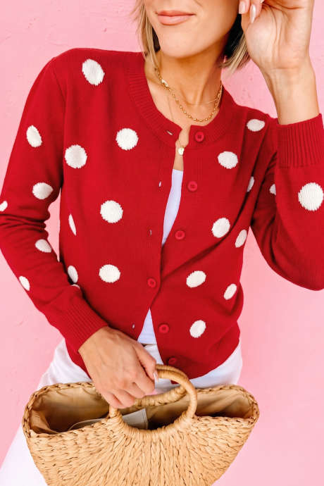 Mainit na Pulang Kaswal na Polka Dot na May Butones sa Harap na Long Sleeve na Sweater na Cardigan