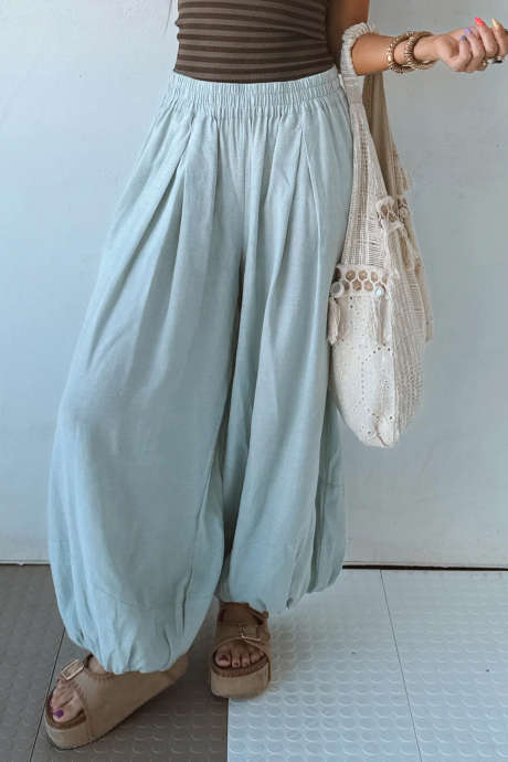 Mist Blue Solid Color Elastic Waist Pleated Detail Balloon Pants