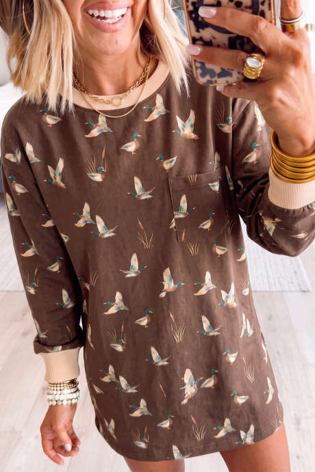 Brown Botanical Camo Print Long Sleeve Pocket Mini Dress