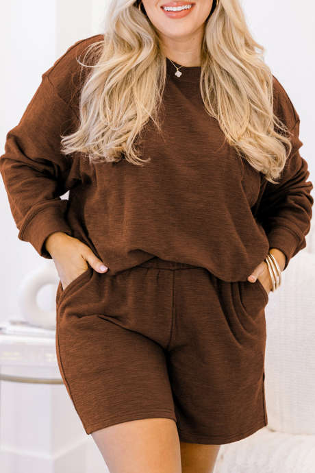 Kostanjev top z dolgimi rokavi in ​​spuščenimi rameni, elastičen pas, plus size komplet PL62752-P2017