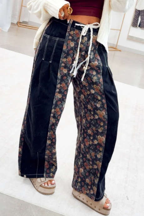 Black Floral Patchwork Drawstring Straight Loose Jeans