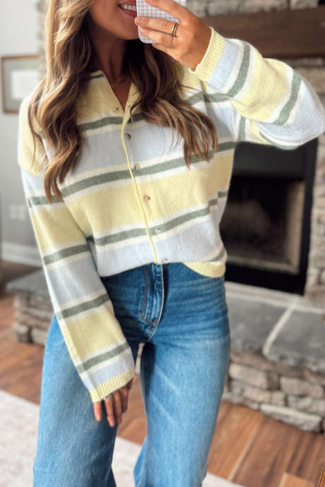 Yellow Stripe Crewneck Button Front Sweater Cardigan