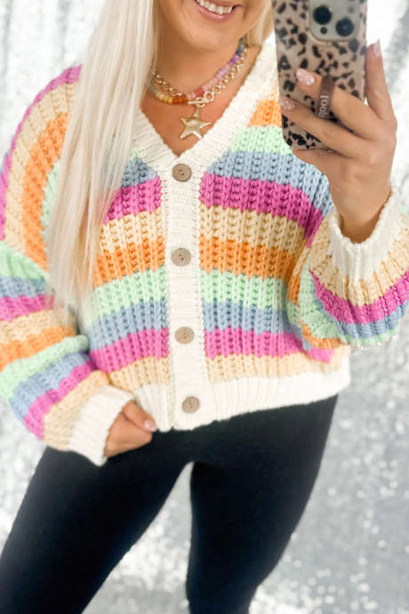 Multicolour Striped V Neck Button Casual Cardigan