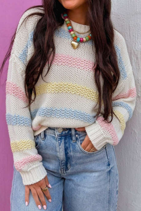 White  Striped Colorblock Textured Open Knit Crew Neck Sweater
