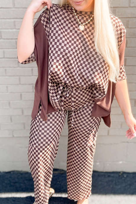 Coffee Checkerboard Color Block Accent Half Sleeve Top Drawstring Pants Set