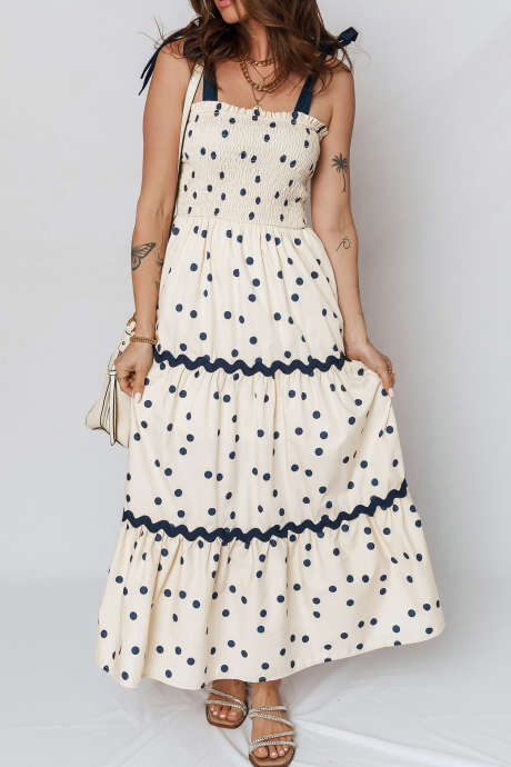 Beige Polka Dot Shirred High Waist Contrast Trim Tie Strap Maxi Dress