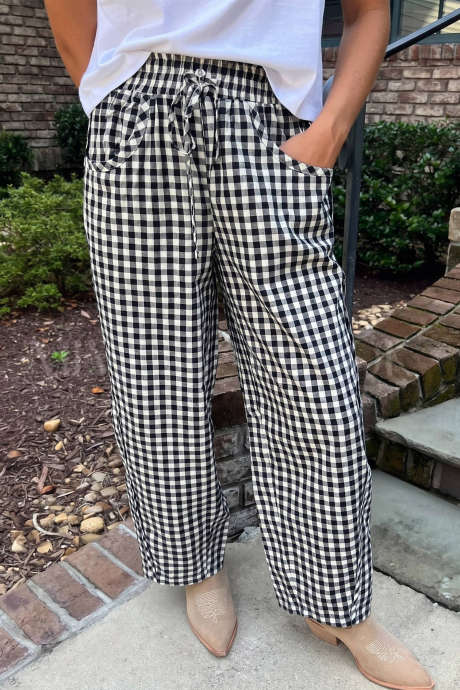 Black Plaid Drawstring High Waist Pocket Straight Leg Pants