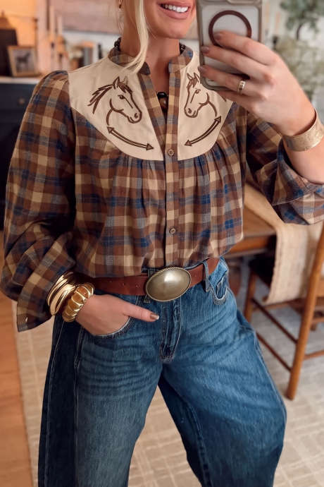 Multicolour Plaid Embroidered Colorblock Yoke Western Long Sleeve Shirt