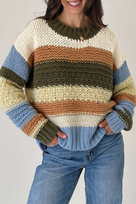 Multicolour Striped Color Block Crew Neck Knit Sweater