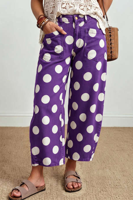 Pantalones vaqueros tobilleros de corte recto con estampado de lunares morados