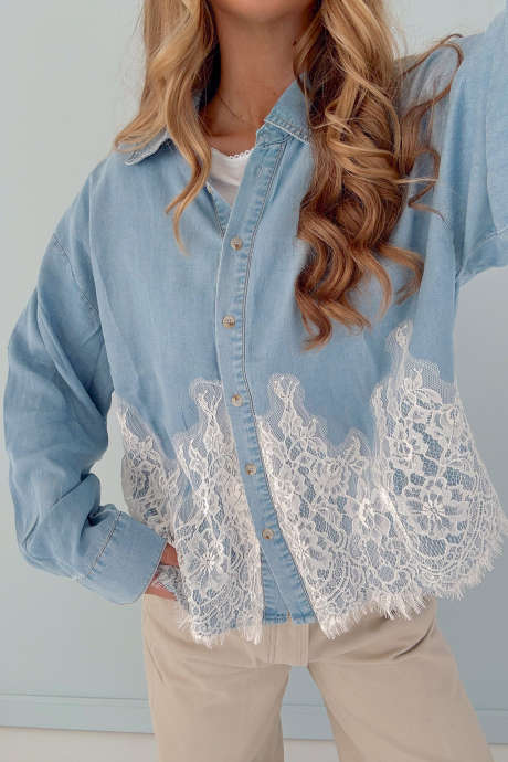 Beau Blue Contrast Lace Splicing Detail Button Front Denim Shirt