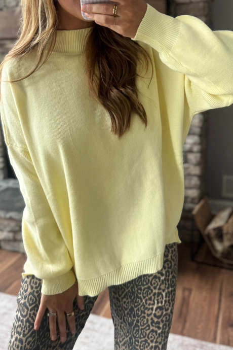 Yellow Cream Solid Color Drop Shoulder Knit Ribbed Trim Mock Neck Sweater