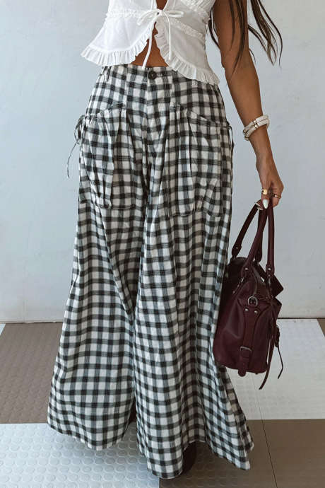 Black Plaid Tie Detail Pocket Wide Leg Cargo Pants