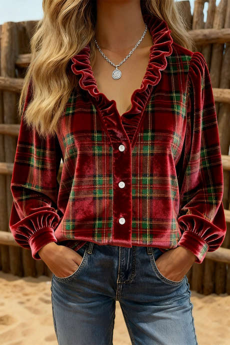 Red Vintage Plaid Ruffle Collar V Neck Velvet Top