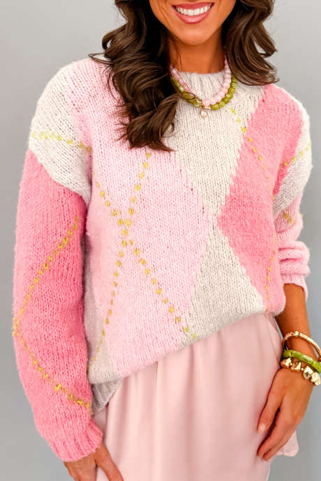 Light Pink Colorblock Rhombus Knit Crew Neck Casual Sweater