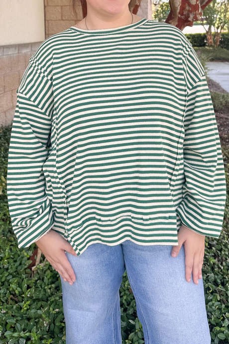 Green Stripe Split Hem Round Neck Long Sleeve Plus Size Top