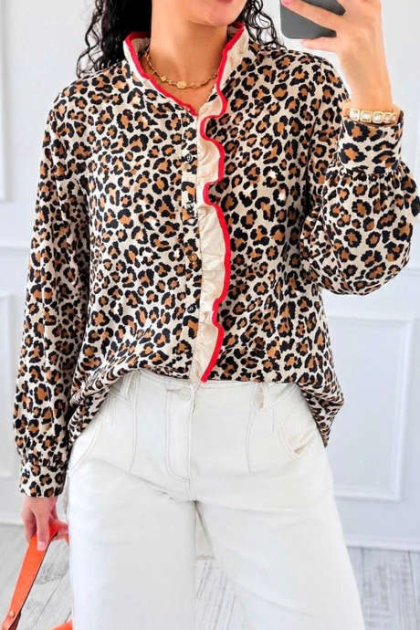 Multicolour Leopard Long Sleeve Contrast Ruffle Trim Stand Collar Shirt