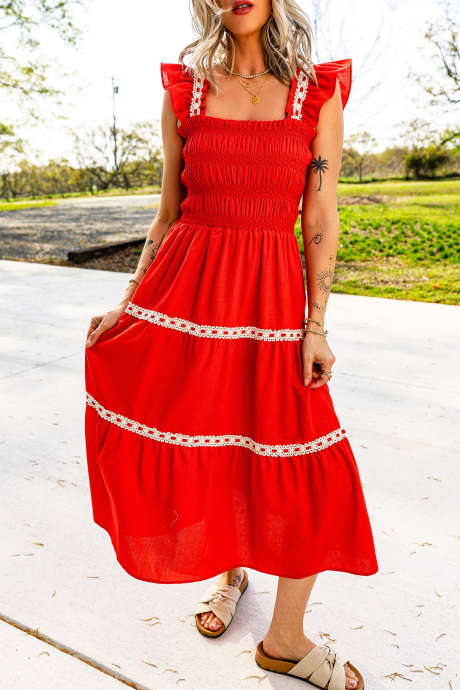 Fiery Red Square Neck Shirred Ruffle Lace Detail Midi Dress