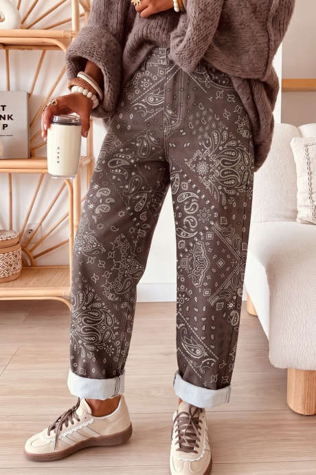 Brown Paisley Print High Rise Straight Leg Jeans