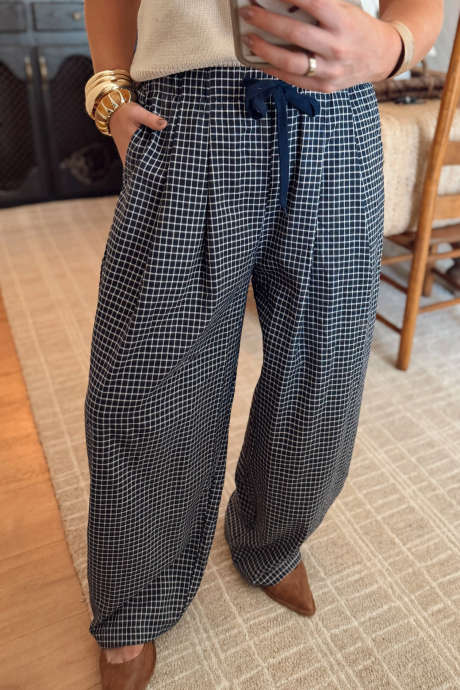 Blue Plaid Pleated Detail Pocket Drawstring Wide Leg Pants