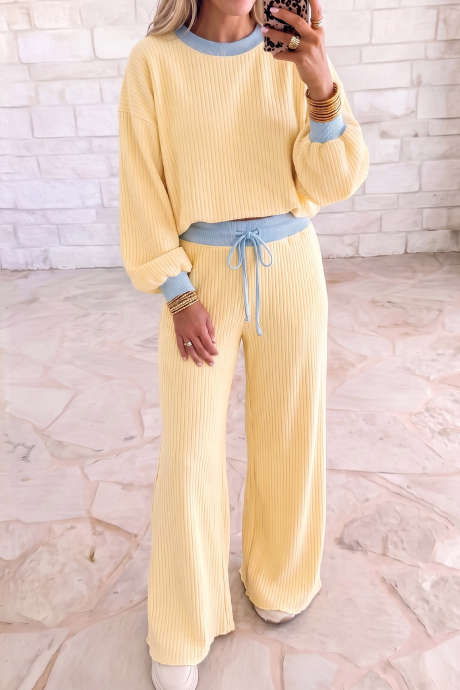 Yellow Ribbed Colorblock Trim Long Sleeve Top Drawstring Pants Set