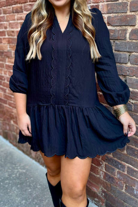Black V Neck Scalloped Trim Drop Waist Ruffle Hem Plus Size Mini Dress