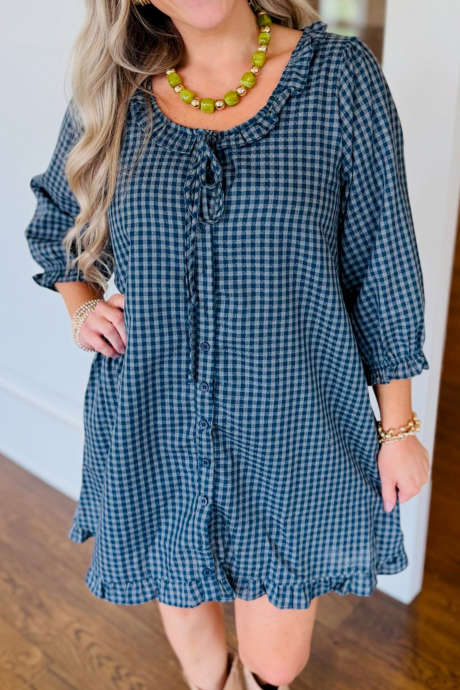 Blue Plaid Tie Neck Ruffle Trim Bracelet Sleeve Shift Dress