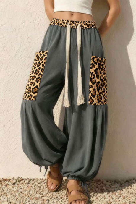 Dark Grey Leopard Patch Drawstring Wide Leg Jogger Pants