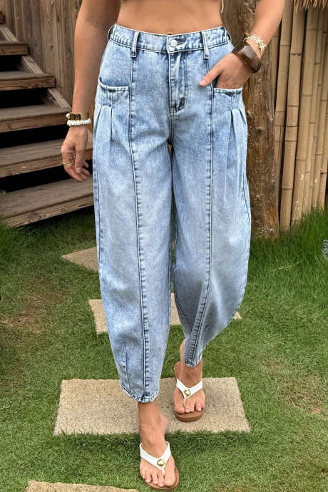Beau Blue Vintage Washed Pleated Detail Barrel Leg Jeans
