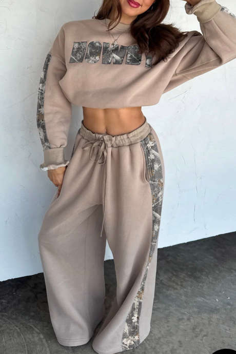 Smoke Gray Camouflage Letter Patchwork Long Sleeve Top Wide Leg Pants Set