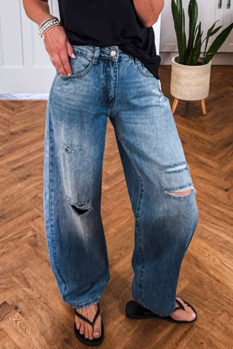 Dusk Blue Distressed Wide Leg Jeans