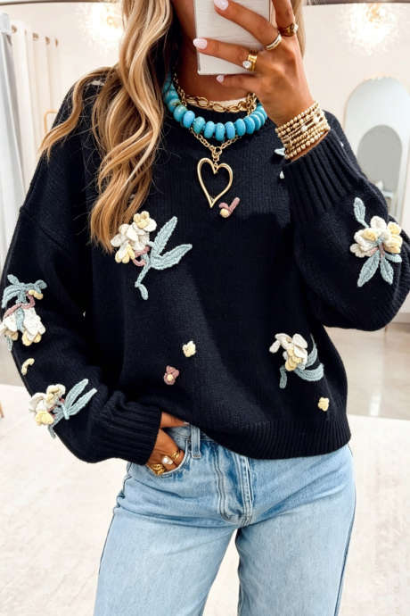 Navy Blue 3D Crochet Floral Drop Shoulder Crew Neck Sweater
