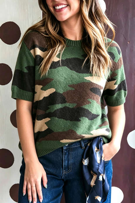 Jersei de màniga curta amb coll rodó i vores de camuflatge acanalades de color verd boira