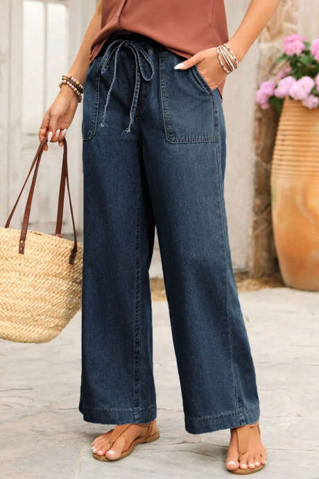 Jeans amples de cama recta amb butxaca i cordó informal blau marí